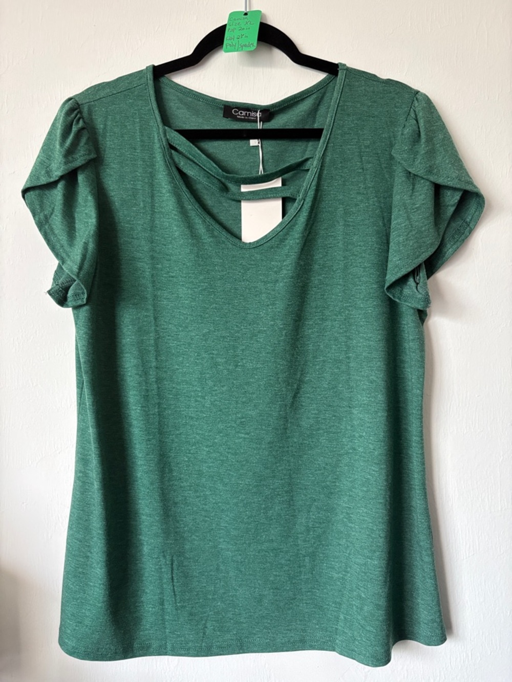 Green Short-Sleeve V-Neck Top with Strappy Detail Size XL